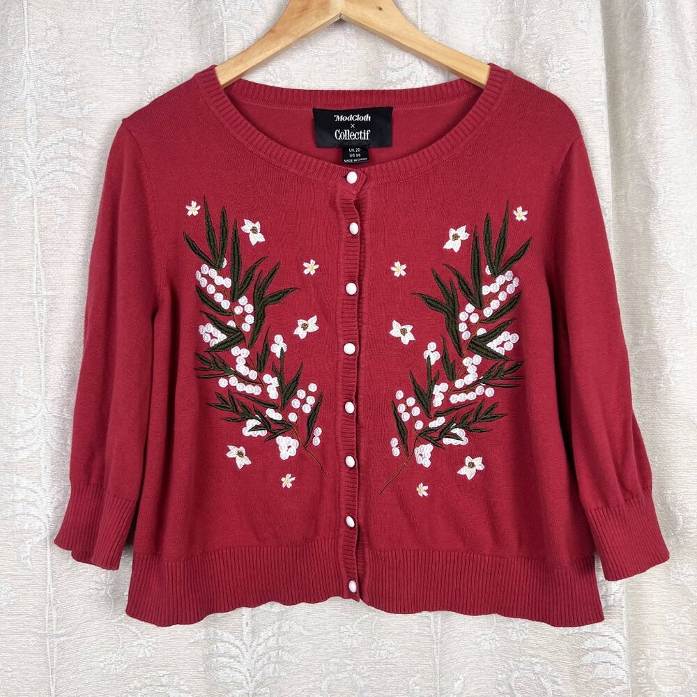 Modcloth x Collectif embroidered cropped cardigan sweater cotton retro pinup - Picture 2 of 9